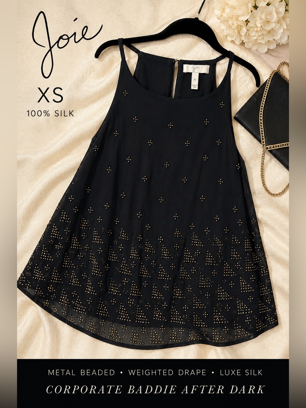 Joie XS Black 100% Silk Metal Beaded Embellished Tank Top